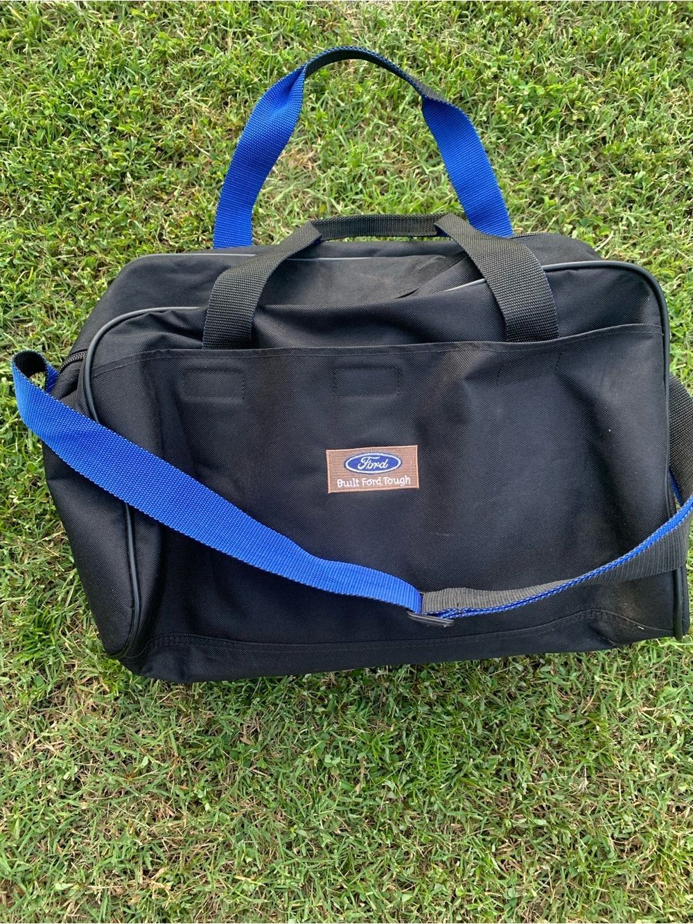 Vintage Ford Black Canvas Duffel with Bright Blue Shoulder Strapww